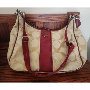 Coach signature khaki wine stripe hobo handbag‎ 28207E